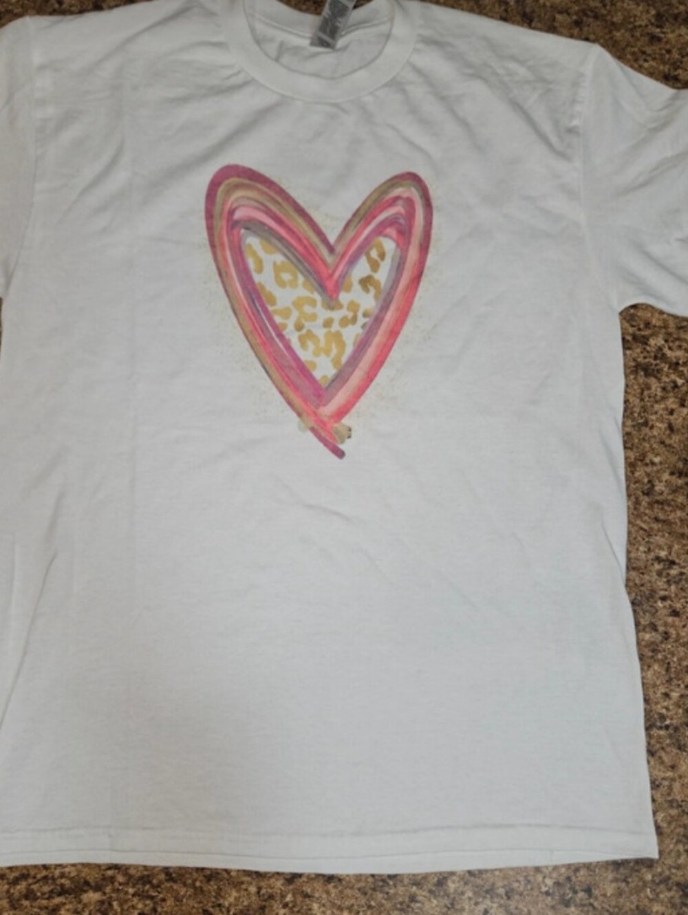 Gildan White Tee with Pink Heart and Gold Leopard Print